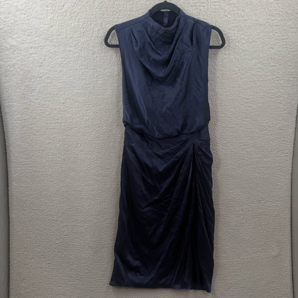 Fame and Partners Navy Sleeveless with a draped neckline midi satin dress ruched